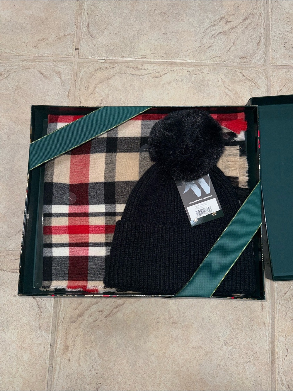Nine West Black Pom Knit Beanie with Plaid Scarf
